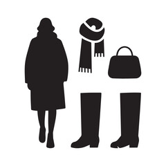 Winter Fashion Silhouettes Set Featuring Coat Scarf Overcoat Boot and Handbag Accessories Collection