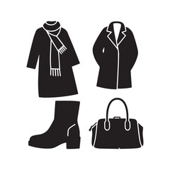 Winter Fashion Silhouettes Set Featuring Coat Scarf Overcoat Boot and Handbag Accessories Collection