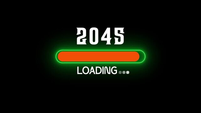 Neon loading bar with the year 2045 displayed above on a black background progress bar future.advanced new year animated icon.