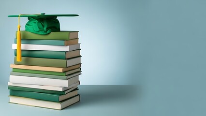 Graduation cap on stacked books with tassel symbolizing education and learning