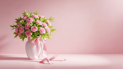 Pink roses bouquet in white vase with ribbon on pink background