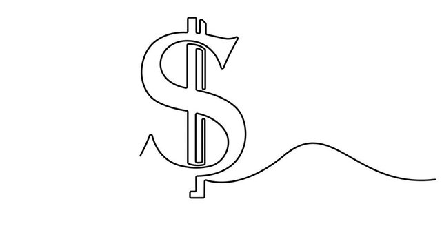 Dollar sign icon one line drawing and isolated continuous outline vector illustration. Dollar Tattoo with dollar sign, Full length 4k animation video.
