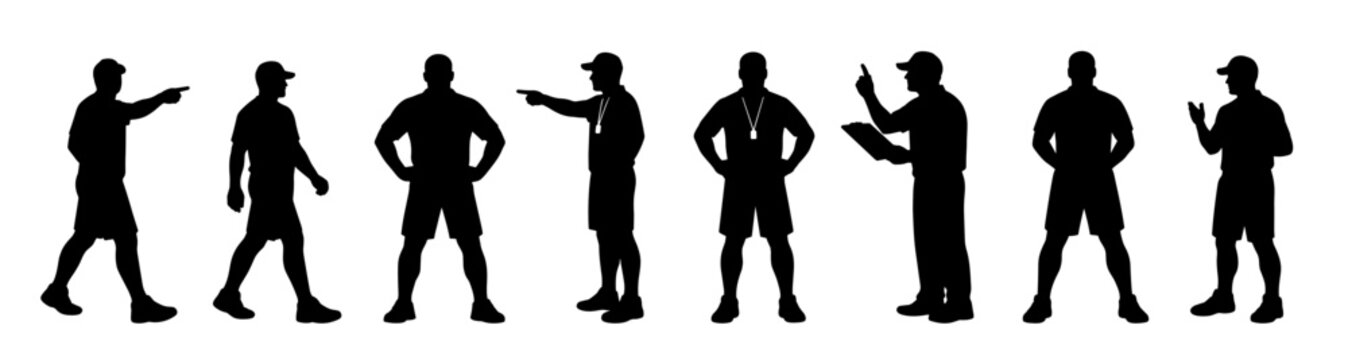 Coach silhouettes giving instructions and commands. Sports trainer figures with gestures and clipboard