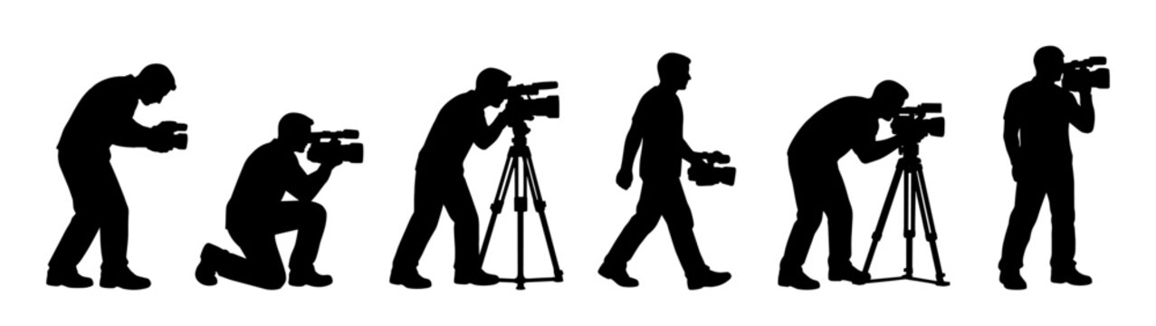 Cameraman silhouettes filming with professional video equipment. Media production figures using cameras and tripods