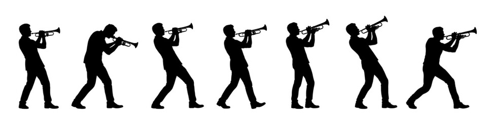 Trumpet player silhouettes performing musical melodies. Jazz musician figures playing brass instrument