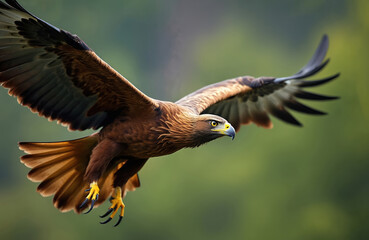 Obraz premium Majestic golden eagle with spread wings flies low over green blur background. This predator bird has sharp talons visible and yellow eye. It hunts in wild nature.