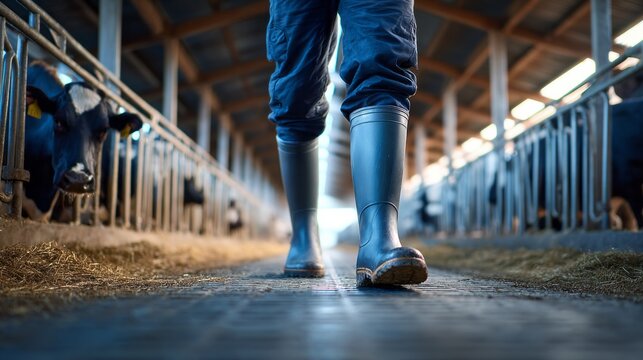 Cow farm farmer walking in rubber boots down a dairy barn aisle with cows in stalls, representing sustainable agriculture and farm life