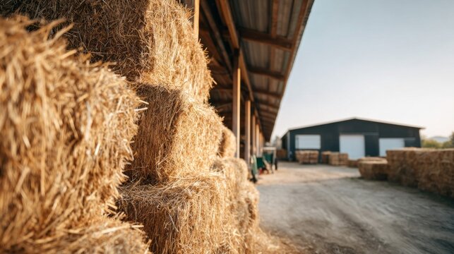 Cow farm storing hay bales under a barn roof at a rural farm, preparing for livestock feed in agricultural setting