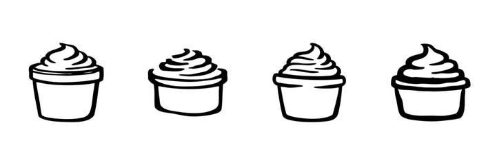 Four Ice Cream Cup Icons In Hand Drawn Style Set. Dessert, Sweet Treat, Frozen Yogurt Doodle Sketch Collection. Confectionery And Snack Illustration. Isolated Vector Illustration