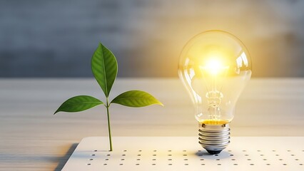 Sprouting green plant next to glowing light bulb on perforated paper background