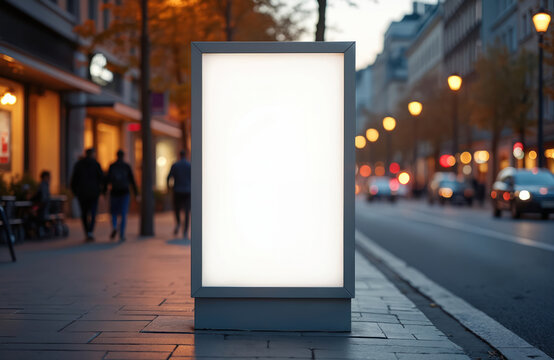 Blank vertical billboard on city street sidewalk. Empty light box for ad or info. People walk past buildings and cars drive on road at dusk. Copy space.