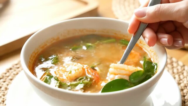 Delicious Tom Yum Goong Soup with Shrimp and Herbs.