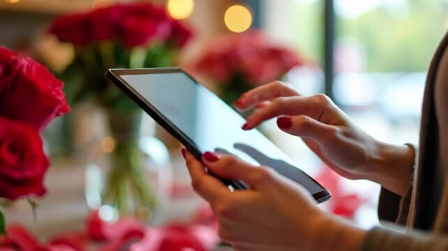 Woman browsing tablet, selecting item, and paying online for a red rose bouquet for valentine, holiday, romantic event, surprise