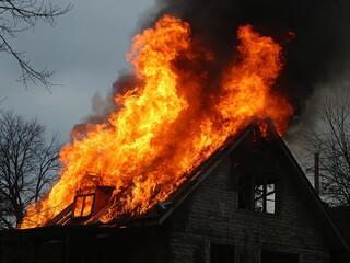 Abandoned wooden house engulfed in flames with thick smoke, capturing a dramatic scene of destruction, danger, and emergency disaster.