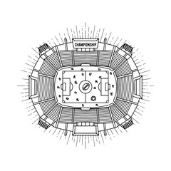 Obraz premium Overhead line art illustration of a sports stadium with a championship banner, featuring a football field and rugby ball