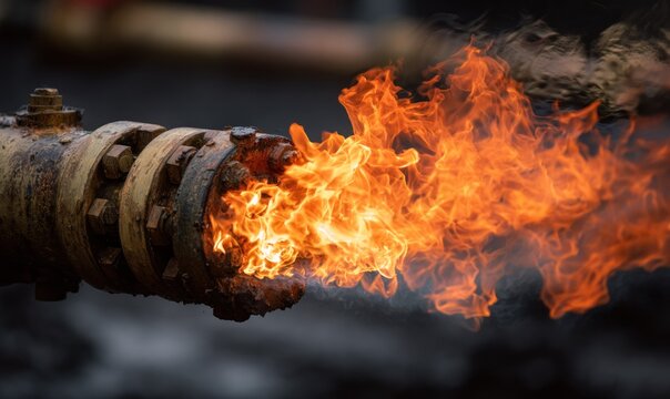 Flaming gas pipe with intense orange fire.