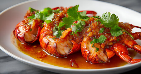 Deliciously cooked lobster tails garnished with fresh herbs and spices, served on a white plate for a gourmet dining experience.