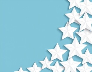 Obraz premium White paper stars with shadows scattered in the corner on a baby blue background