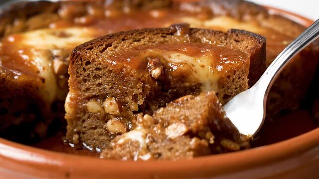 Close-up of Capirotada Mexican Easter bread pudding. Fork taking a bite of traditional dessert with cheese and nuts