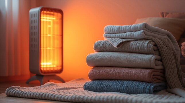 Glowing heater beside neatly stacked soft sweaters in warm light. The cozy setup features folded knits and the glowing heater's warm orange ambient light.