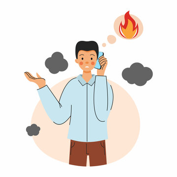 man reports emergency situation on phone. illustration on topic of fire safety.