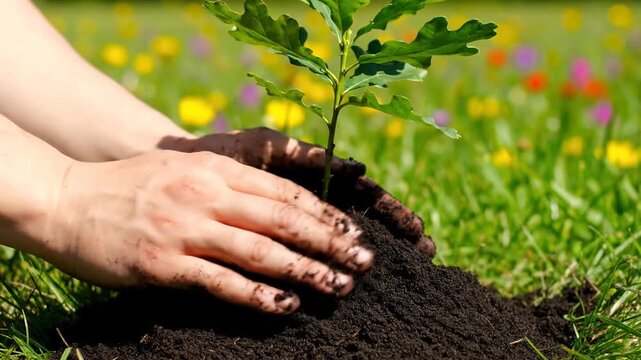 Hands planting a young oak sapling in a field of wildflowers. Close-up of pressing soil around a small tree. Reforestation and environmental protection concept