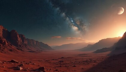 Red rocky desert landscape under vast starry sky with milky way galaxy visible. Distant mountains fade into atmospheric haze with bright sunrise illuminating peaks. A large moon hangs in the horizon.