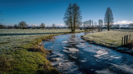 Cold winter morning illuminates a partially frozen waterway meandering through frosty rural meadows under a clear blue sky