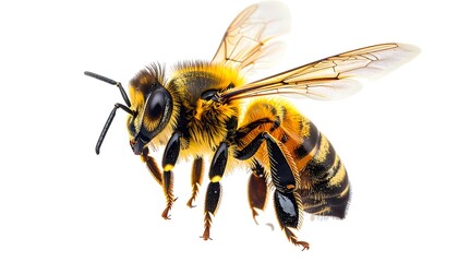Fototapeta premium A close-up view of a honeybee, captured in mid-flight against a pure white background, showcasing its detailed anatomy