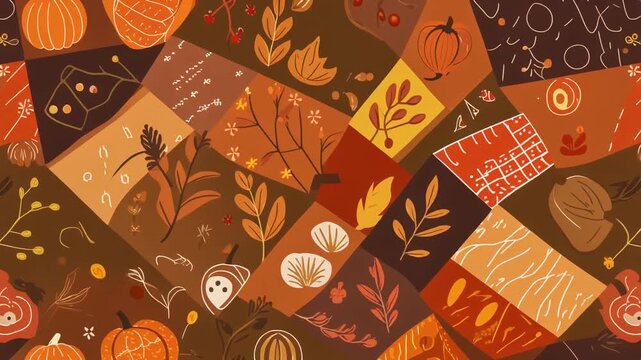 Warm Autumnal Vibes: Quilted Pattern with Pumpkins, Leaves, and Seasonal Elements