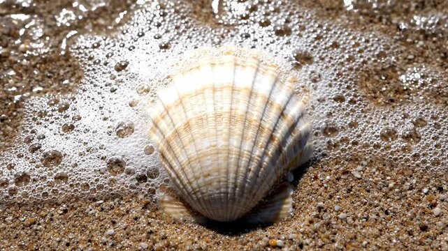 Seashell on wet sand with ocean waves washing over it. Close-up of a shell on the beach with white sea foam. Coastal nature and summer travel concept