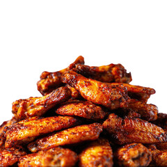 Heaped pile of golden-brown cooked chicken wings against a dark backdrop