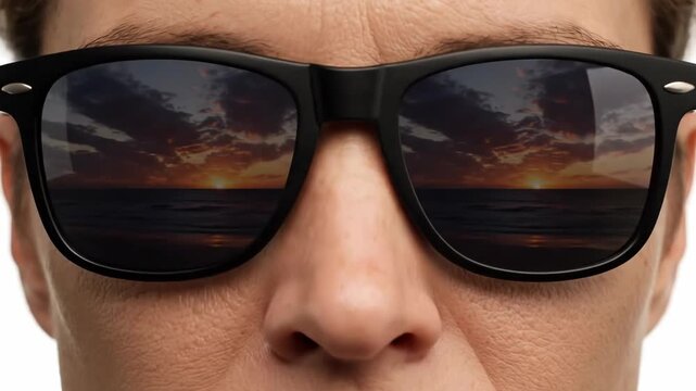 Close-up of a woman putting on black sunglasses. Reflection of a tropical sunset over the ocean in the lenses. Summer vacation and travel concept