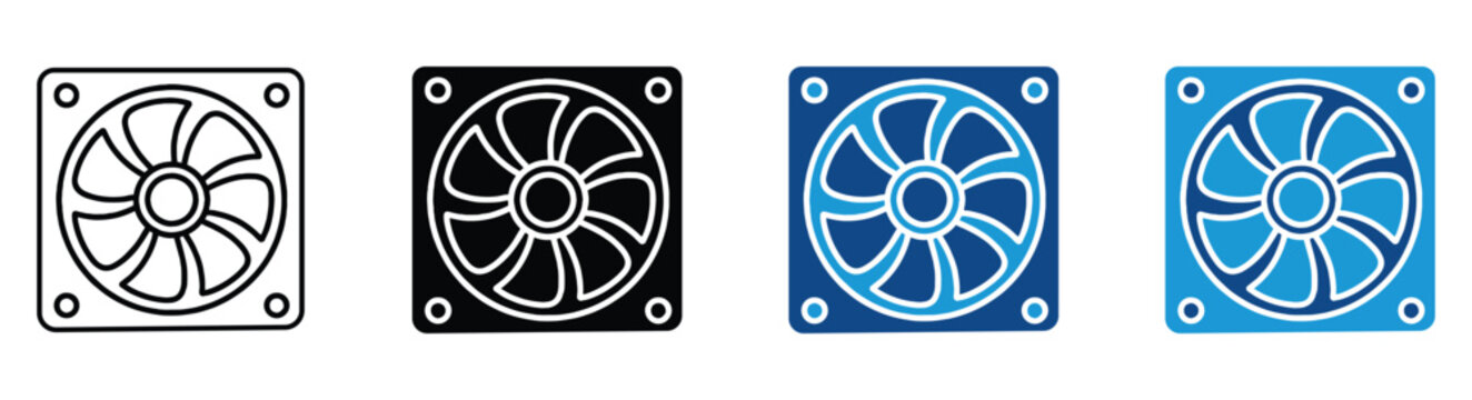 Computer fan icon set.  Fan icon for air cooling and ventilation in computer. Cooling system, ventilator, air cooler, ventilation, cooling fan for electric devices. Vector illustration.