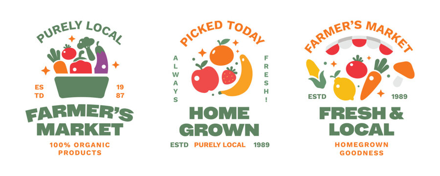 Farmer's Market badges, logos, stickers collection with vegetables and fruits.