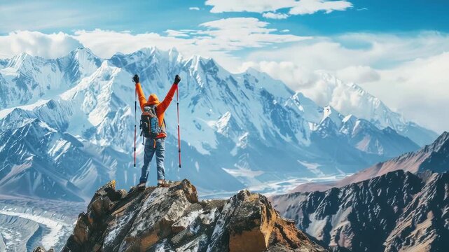 Video A person standing on top of a mountain with a backpack, great for outdoor adventure and travel concepts