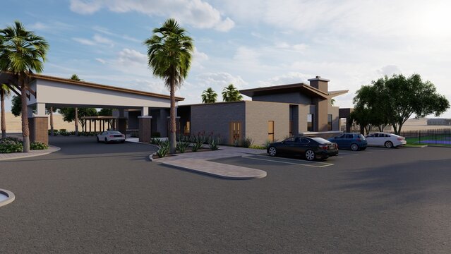 Modern Commercial Building Exterior and Parking Lot with Palm Trees 3D Render