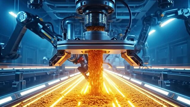 Industrial Process of Metal Casting in a Futuristic Factory.