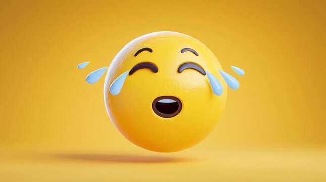 A 3D animated laughing emoji with tears of joy on a vibrant yellow background, conveying a playful and humorous mood with a shallow depth of field.