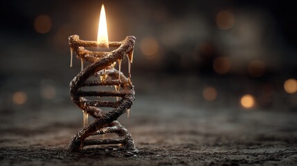 A double helix DNA strand shaped like a wax candle burning with a flame, Conceptual illustration of biological aging, genetic decay and limited lifespan.