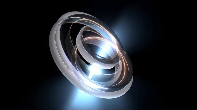 Futuristic metal and glass rings rotate like a gyroscope against a dark background, reflecting bright blue and golden light flares