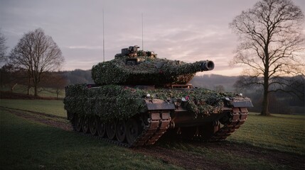Fototapeta premium Military tank camouflaged in grassy field during daytime with trees