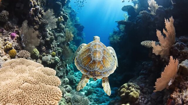 Sea turtle coral reef underwater ocean marine life tropical fish snorkeling scuba diving wildlife nature blue tropical sea turtle gliding over colorful coral reef in clear underwater ocean marine life