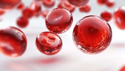Red translucent spheres floating in mid air with subtle reflections.