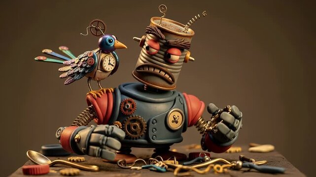Grumpy Steampunk Robot and Clockwork Bird Repairing Gears Stop Motion