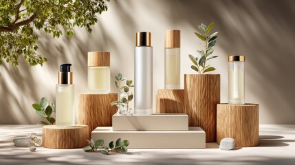 Cosmetic products arranged with natural elements for beauty and wellness
