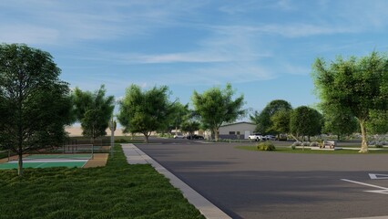 Obraz premium Realistic 3D render of a modern community park with tennis courts, parking lot, and lush landscaping architectural visualization