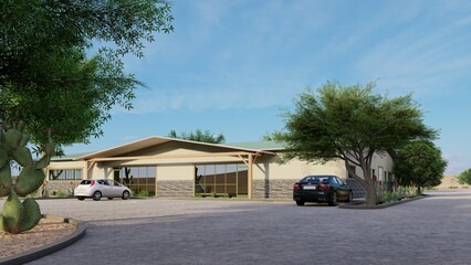 3D render of a modern commercial building exterior with parking lot and desert landscaping under a clear blue sky