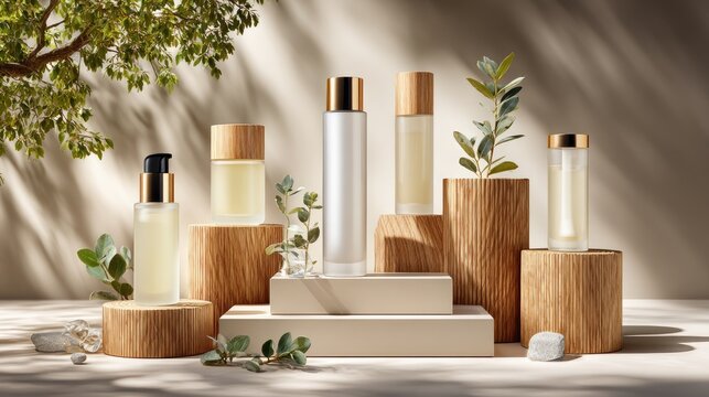 Cosmetic products arranged with natural elements for beauty and wellness