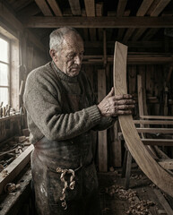 Portrait of a senior master craftsman working with wood in his rustic, atmospheric workshop. A skilled carpenter examines a curved plank in natural light.